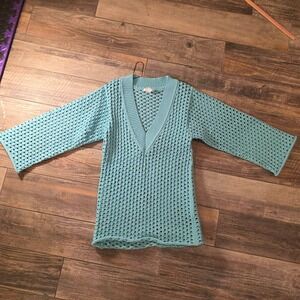 HM Light Blue Open Knit Crochet V-Neck Tunic Beach Coverup Bell Sleeve Small